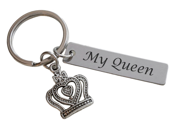 Queen Crown Charm Keychain with "My Queen" Engraved Steel Tag