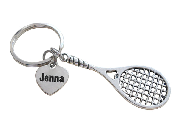 Tennis Racquet Charm Keychain with Heart Tag Custom Engraved, For Student or Coach