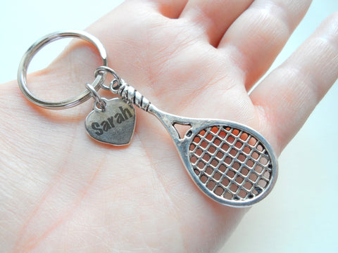 Tennis Racquet Charm Keychain with Heart Tag Custom Engraved, For Student or Coach