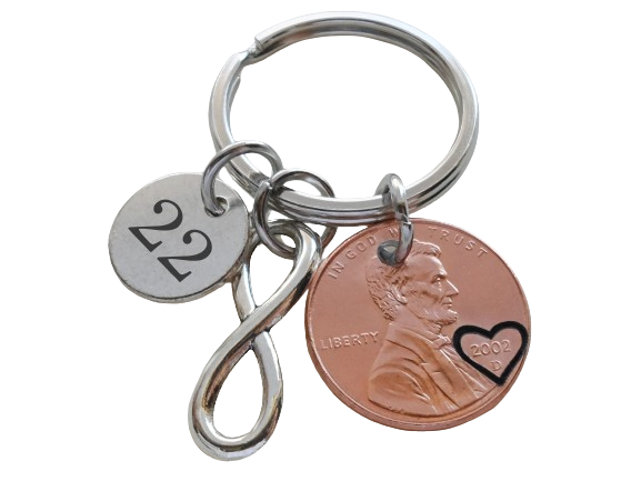 2003 Penny Keychain with Heart Around the Year, and with Number 22 Charm and Infinity Charm; 22 Year Anniversary