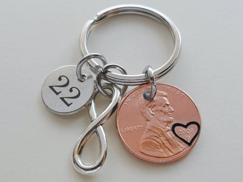 2003 Penny Keychain with Heart Around the Year, and with Number 22 Charm and Infinity Charm; 22 Year Anniversary