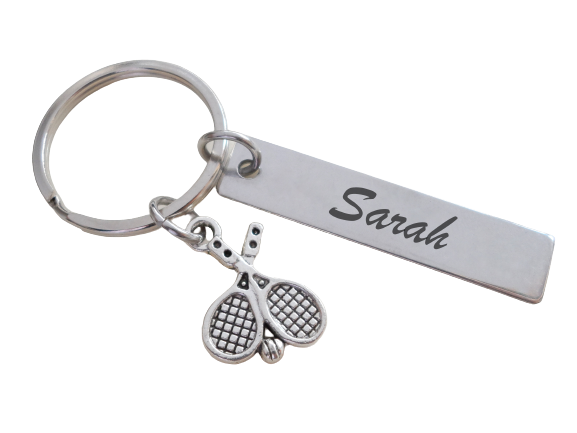 Tennis Charm Keychain and Steel Tag Custom Engraved