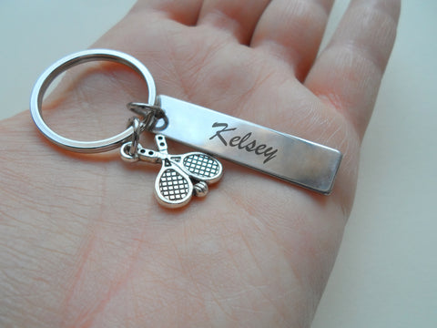 Tennis Charm Keychain and Steel Tag Custom Engraved