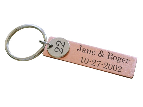 Custom Engraved Copper Tag with 22 Charm Keychain, 22 Year Anniversary Gift Keychain, Personalized Engraved Keychain