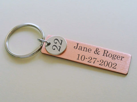 Custom Engraved Copper Tag with 22 Charm Keychain, 22 Year Anniversary Gift Keychain, Personalized Engraved Keychain