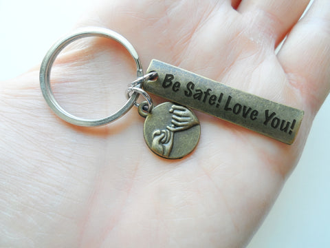 Bronze Pinky Promise Charm Keychain with "Be Safe Love You" Engraved Tag