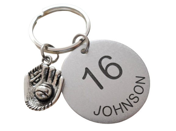 Custom Sports Jersey Number Engraved Disc Keychain with Sport Charm, Graduate Keychain, Team Player Keychain