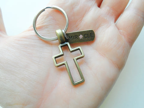 Bronze Cross Charm Keychain with Word Tag Charm, Religious Keychain