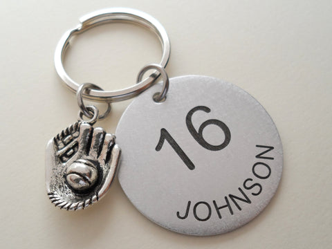Custom Sports Jersey Number Engraved Disc Keychain with Sport Charm, Graduate Keychain, Team Player Keychain
