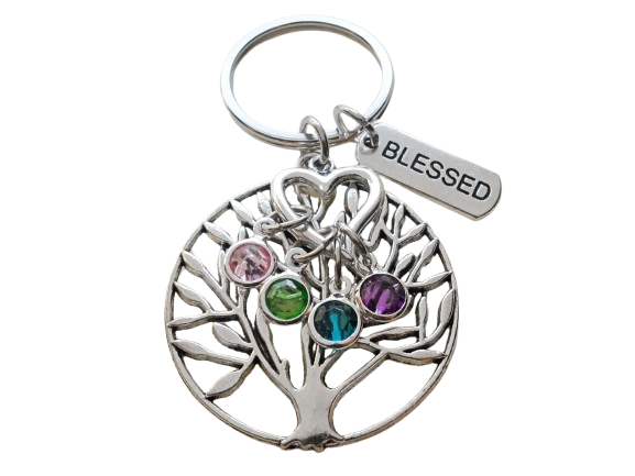 Personalized Family Tree Keychain with Birthstone Charms, Gift for Mom, or Grandma