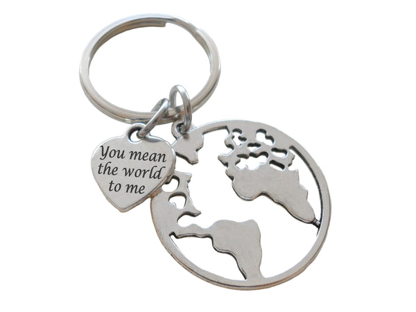 World Globe Charm Keychain with "You Mean The World To Me" Engraved Heart Tag