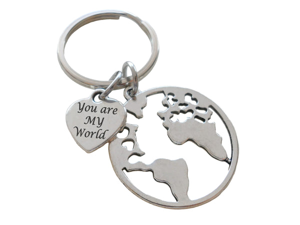 World Globe Charm Keychain with "You Are My World" Engraved Heart Tag