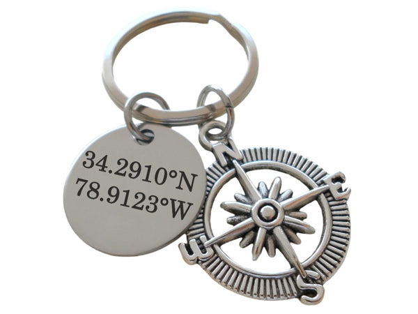Custom Engraved Steel Disc Keychain with Compass Charm, GPS Keychain, Latitude Longitude Coordinates Keychain