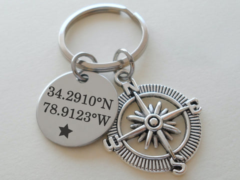 Custom Engraved Steel Disc Keychain with Compass Charm, GPS Keychain, Latitude Longitude Coordinates Keychain
