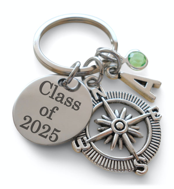 Custom Graduation Compass Charm Keychain with Class of 2025 Disc Charm, Personalized Graduate Keychain, Gift for Graduate