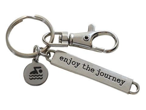 Swimmer Charm Keychain with Swimmer Disc Charm, Enjoy the Journey Tag, Swivel Clasp & Custom Initial Charm; Swim Team or Coach Keychain by JewelryEveryday