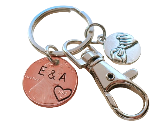 Anniversary Gift • Personalized Penny Keychain Stamped with Heart Around the Year & Initials with Pinky Promise Charm & Clasp