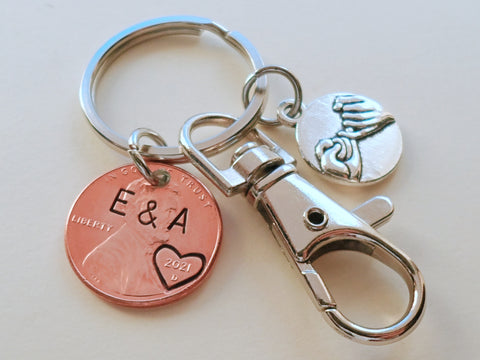Anniversary Gift • Personalized Penny Keychain Stamped with Heart Around the Year & Initials with Pinky Promise Charm & Clasp