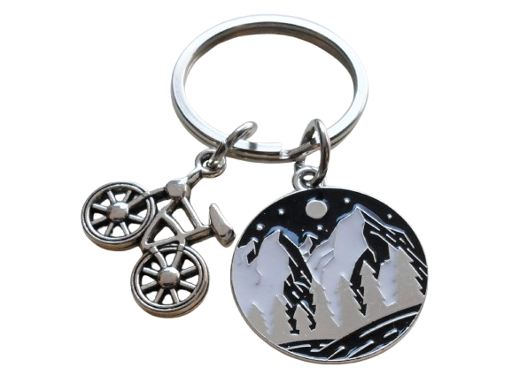 Outdoor Mountain Biking Keychain; Mountain, Trees, Night Sky Scene Disc Charm Keychain with Bike Charm
