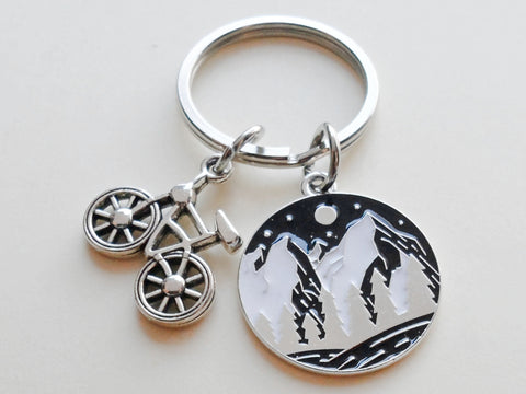 Outdoor Mountain Biking Keychain; Mountain, Trees, Night Sky Scene Disc Charm Keychain with Bike Charm