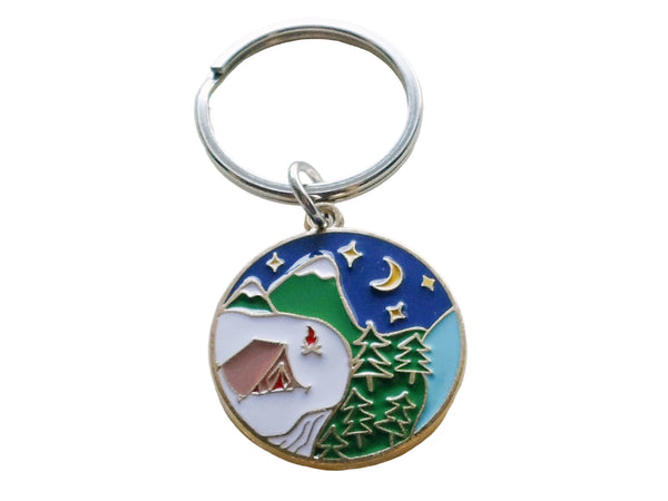 Camping Keychain; Mountain, Trees, & Night Sky Scene Charm Keychain