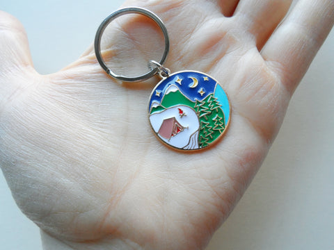 Camping Keychain; Mountain, Trees, & Night Sky Scene Charm Keychain