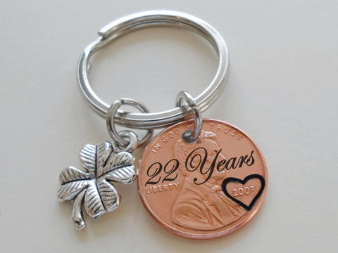 2003 US One Cent Penny Keychain with Engraved "22 Years" and Heart Around Year with a Clover Charm; 22 Year Anniversary Couples Keychain