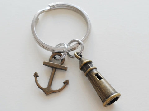 Bronze Lighthouse Keychain With Anchor Charm- I'd Be Lost Without You; Couples Keychain