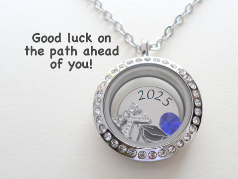 Custom 2025 Graduate Circle Floating Charm Locket Necklace with Engraved Disc Charm, Stainless Steel Locket, Graduation Gift, Good Luck on the Path Ahead