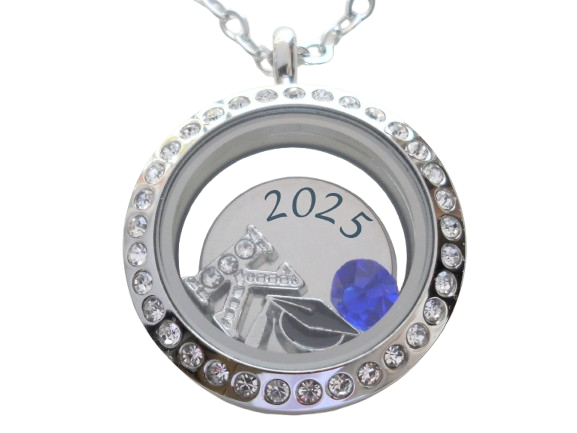 Custom 2025 Graduate Circle Floating Charm Locket Necklace with Engraved Disc Charm, Stainless Steel Locket, Graduation Gift, Good Luck on the Path Ahead