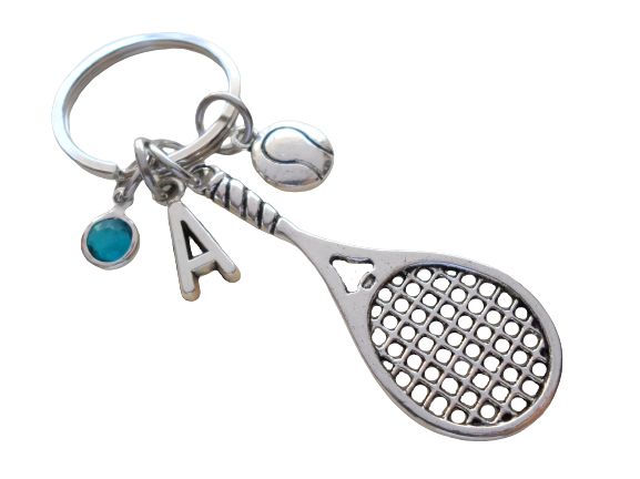Custom Tennis Racquet & Ball Charm Keychain with Optional Add-on Letter & Birthstone Charms, Graduate Keychain, Tennis Player Keychain