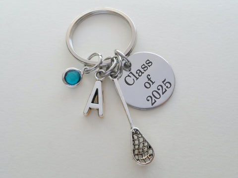 Lacrosse Stick Charm Keychain with Custom Engraved Disc; Graduate Keychain, Lacrosse Player Keychain