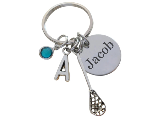 Lacrosse Stick Charm Keychain with Custom Engraved Disc; Graduate Keychain, Lacrosse Player Keychain