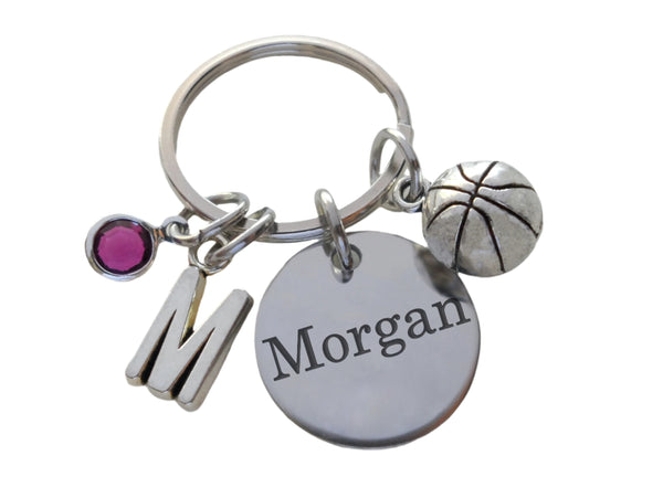 Basketball Charm Keychain with Custom Engraved Steel Disc, For Graduate, School Team Player Gift