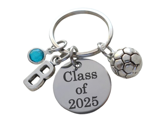 Custom Graduation Class of 2025 Disc Keychain with Soccer Ball Charm, Personalized Graduate Keychain, Gift for Graduate