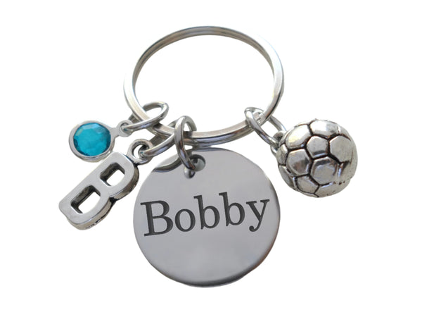 Soccer Keychain with Soccer Ball Charm and Custom Engraved Disc, Soccer Player or Coach Keychain