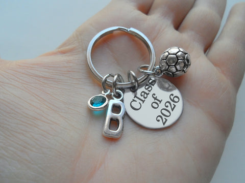 Custom Graduation Class of 2026 Disc Keychain with Soccer Ball Charm, Personalized Graduate Keychain Gift