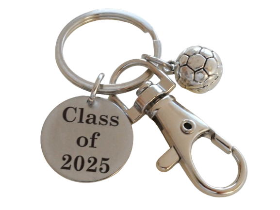Custom Graduation Class of 2025 Disc Keychain with Soccer Charm & Clasp, Personalized Graduate Keychain Gift