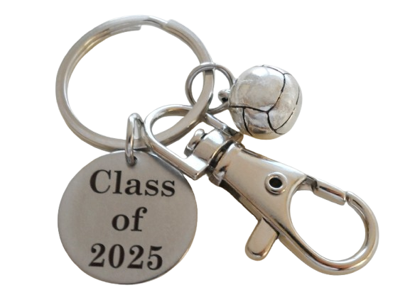 Custom Graduation Class of 2025 Disc Keychain with Volleyball Charm & Clasp, Personalized Graduate Keychain Gift