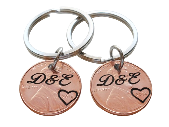 Personalized Set of 2 Penny Keychains Custom Engraved with Script Font and Heart Around The Year