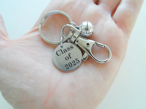 Custom Graduation Class of 2026 Disc Keychain with Volleyball Charm & Clasp, Personalized Graduate Keychain Gift