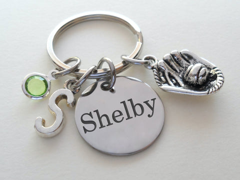 Baseball Mitt Charm Keychain with Custom Engraved Disc, Personalized Name For Softball / Baseball Player Keychain