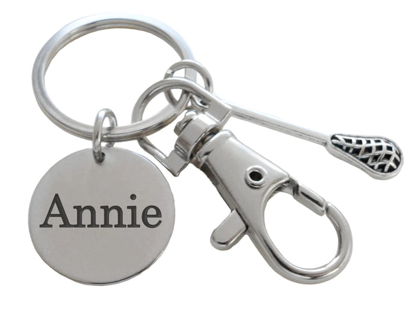 Lacrosse Stick Charm Keychain with Swivel Clasp & Custom Engraved Disc, Graduate Team Player or Coach Gift