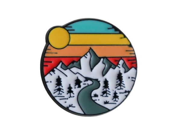 Camping Pin with Mountain, Trees, River & Orange Sunset Sky Scene