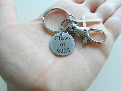 Cross Charm Keychain with Custom Engraved Disc & Clasp, Religious Keychain