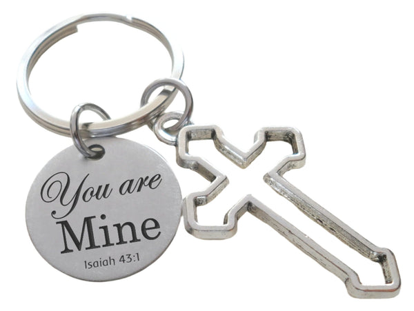 Cross Charm Keychain with "You are Mine" Isaiah 43:1 Bible Verse Engraved Disc