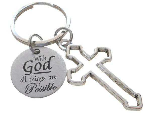 Cross Charm Keychain with "With God All Things Are Possible" Matthew 19:26 Bible Verse Engraved Disc