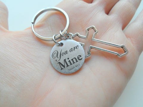 Cross Charm Keychain with "You are Mine" Isaiah 43:1 Bible Verse Engraved Disc