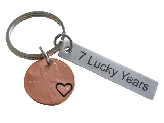 2018 Penny Keychain with Steel Tag Engraved with "7 Lucky Years", Couples 7 Year Anniversary Keychain