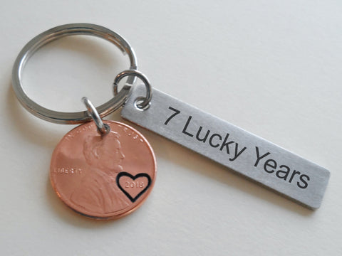 2018 Penny Keychain with Steel Tag Engraved with "7 Lucky Years", Couples 7 Year Anniversary Keychain